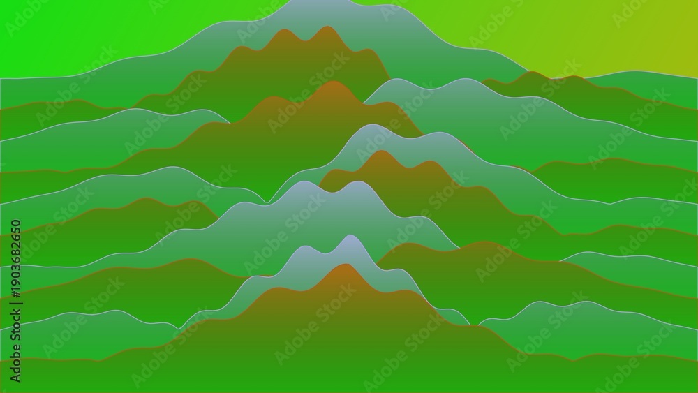 Fototapeta premium Vibrant abstract landscape with rolling green hills and warm sunset hues.