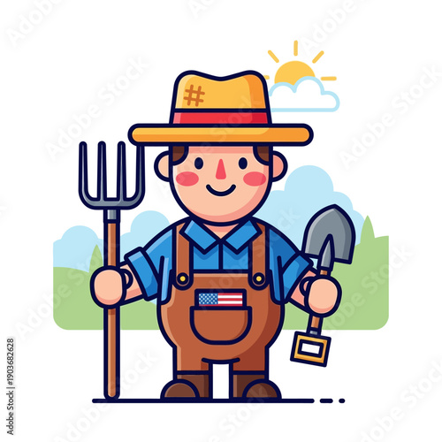 Happy Farmer Character with Pitchfork and Shovel, American Flag Pocket