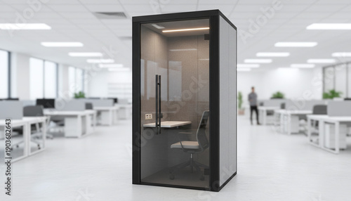 Modern acoustic soundproof office pod booth in open space