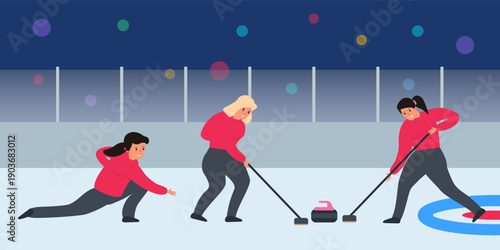curling sport women players on ice rink vector illustration