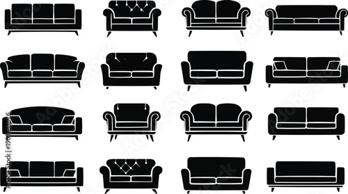  features a collection of 16 distinct black sofa designs, each showcasing a unique style and character