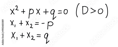 Handwritten Vieta formulas for quadratic equations on white background for math education