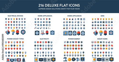PrintSmart home and electricity flat icons set featuring electrical devices, power sockets, energy symbols, home appliances, automation systems, and modern technology interface elements