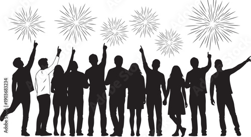 Black silhouettes of people pointing at fireworks celebration