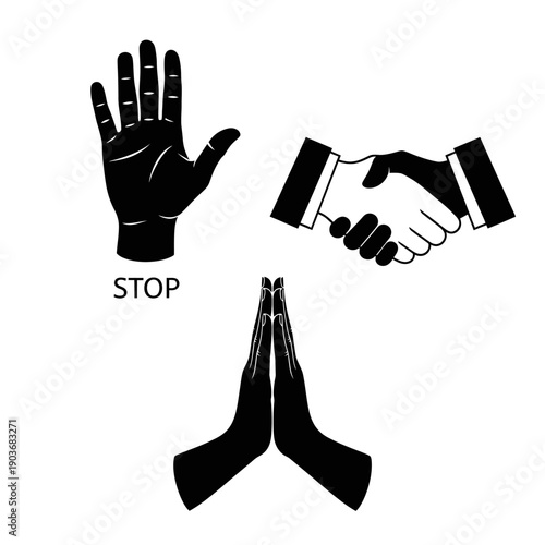 Stop gesture, handshake, and prayer hands icons isolated on white background