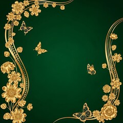 Golden Floral Frame with Butterflies on Green.