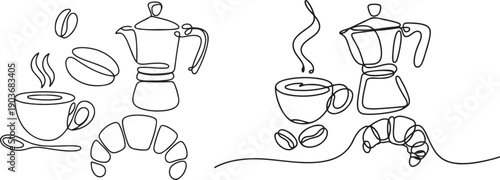 Set of Сontinuous one line art cafe elements.one line icon illustration with white background