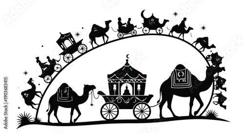 Caravan of camels pulls an ornate carriage across a desert landscape under the stars.