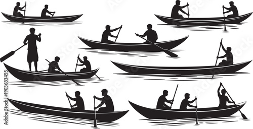 Black silhouettes of people rowing and paddling canoes on water boat