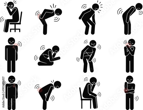 Black Stick Figure People Set Showing Various Body Pain Symptoms Like Backache Headache Shoulder Injury Joint Inflammation And Physical Discomfort On Isolated White Background