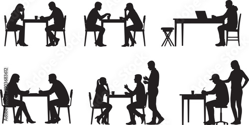 Black silhouettes of people sitting at tables and chairs in various positions