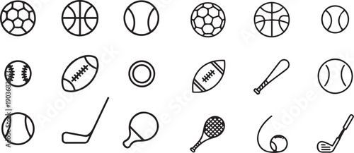 Sports Balls and Equipment Icons Set.one line icon with with white background