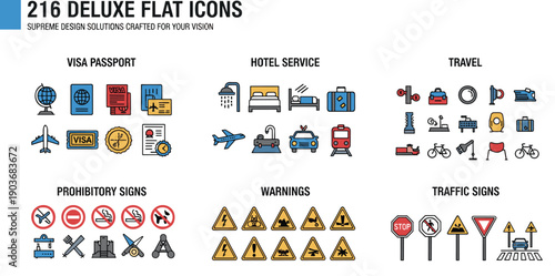 Travel and safety flat icons set featuring visa passport symbols, hotel services, transportation icons, warning alerts, traffic signs, and modern travel interface elements