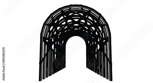 Tunnel structure features an intricate geometric design with arched supports.