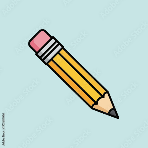 Simple Yellow Pencil with Pink Eraser on Light Blue Background - Vector Illustration