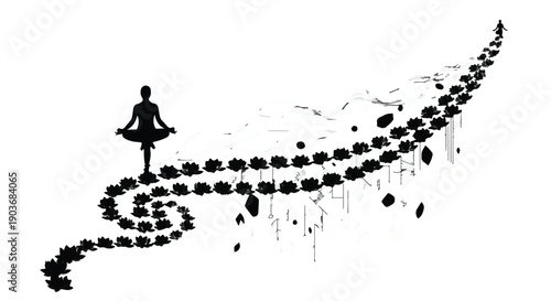 Meditator sits in a lotus position while surrounded by a path of floating flowers.