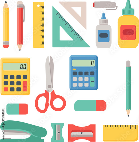Flat stationery collection with colorful calculators rulers scissors glue bottles pencils and staplers for school and office