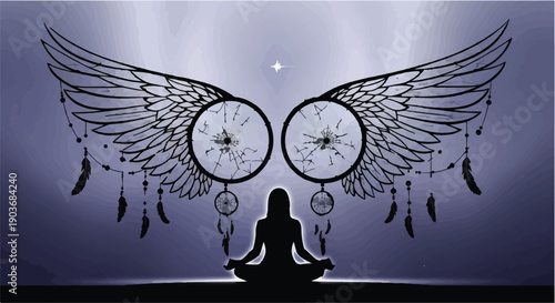 Woman sits in a meditative pose beneath large dreamcatchers with angelic wings.