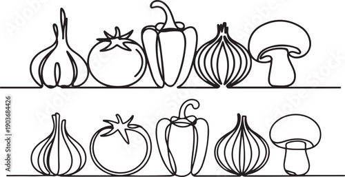 Vegetables one line set. Continuous line drawing of garlic, tomato, bell pepper, onion, mushroom.one line icon illustration with white background