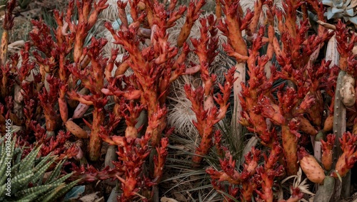 Choose a detailed photo of a vibrant red moon cactus garden, featuring space for text, highlighting plant propagation through grafting and scion