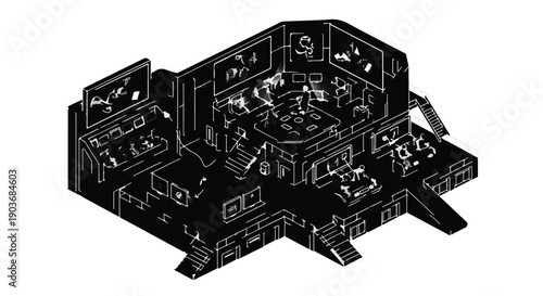 Control room layout displays a complex isometric view of a futuristic workspace.