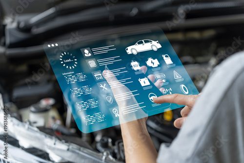 Online car maintenance check concept, Woman using smartphone to review service records, Schedule appointments, Contact service center, track parts replacement, Diagnose vehicle system smart automotive