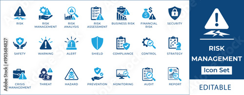 Risk management icon set featuring risk assessment, financial risk analysis, crisis management, security alert, compliance, hazard prevention, and business strategy symbols.