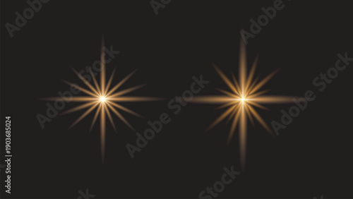 Golden Starburst Light Effect on Black Background, Glowing Spark Vector