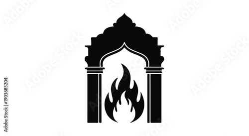 Archway silhouette frames a flickering fire in a traditional stone structure.