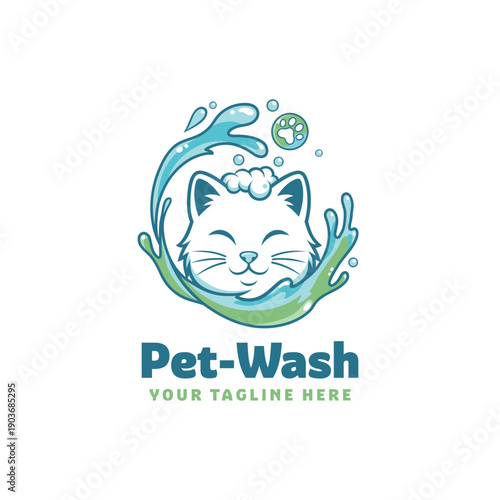 Cute Cat Pet Wash Logo, Design logo illustration of a happy smiling cat with water splashes and soap bubbles. Perfect for pet grooming services, cat salons, animal spas, and pet care business