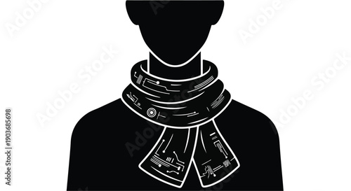 Person wears a futuristic digital scarf featuring integrated electronic circuitry.