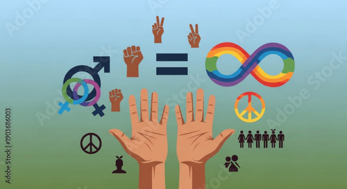 Diverse hands with peace and equality symbols representing unity and inclusivity in a green background