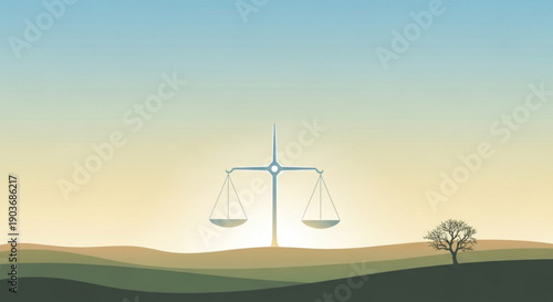 Balanced scales in a serene landscape with a tree at sunset symbolizing justice and harmony in nature