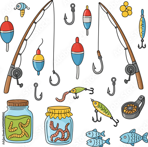 Hand drawn fishing gear collection with rods hooks bobbers and jars of bait in organic sketch style,