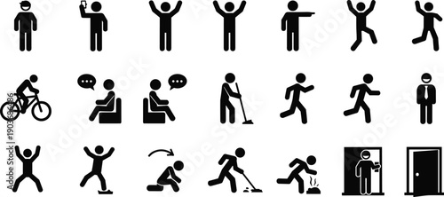 Black Stick Figure People Megaset Featuring Various Human Activities Like Running Fitness Training Workplace Safety Falling Accidents Shopping And Office Work On White Background