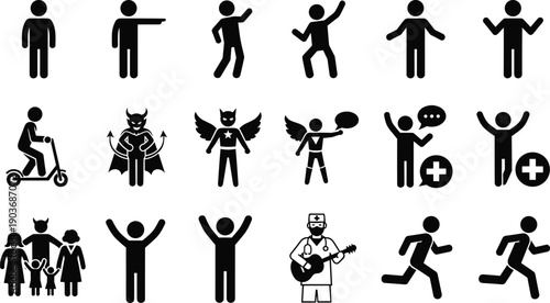 Stick Figure Action Icon Set Featuring People Running Riding Scooter Dancing Wearing Angel Wings Devil Horns Doctor Playing Guitar and Family Group Silhouette Illustrations