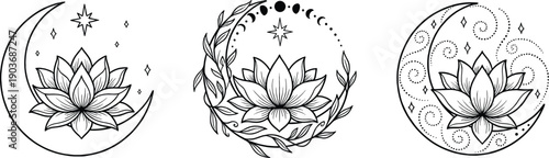 Celestial crescent moon and lotus flower line art symbols with stars and botanical wreaths, mystical boho spiritual illustration set isolated on white background