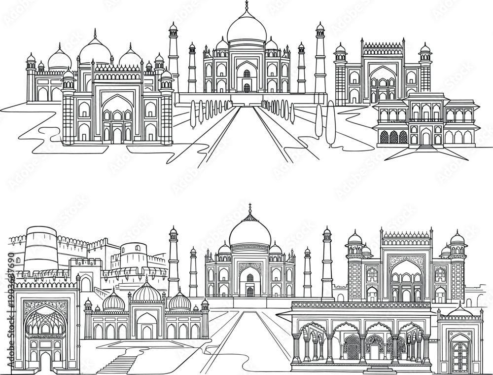 Obraz premium Detailed Taj Mahal architectural line art panorama featuring Mughal monuments palaces gates and gardens black outline vector illustration isolated white background design heritage
