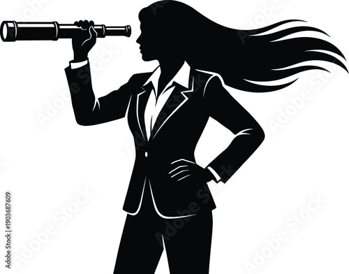 Confident business woman silhouette holding telescope symbolizing vision leadership strategy ambition future planning success concept black vector illustration isolated white background stock design