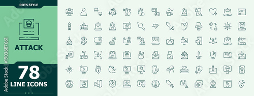 Attack icon set. Related to hacker, fraud, crime, security and more. Cyber icon. Minimalist icons collection. Pictogram and infographic.