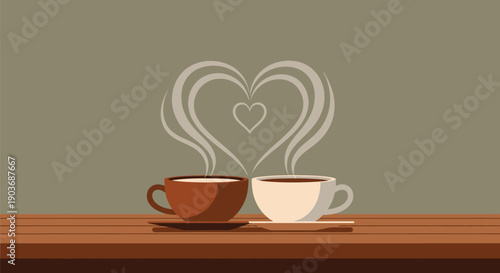 Two cups of coffee forming a heart with their steam on a warm background
