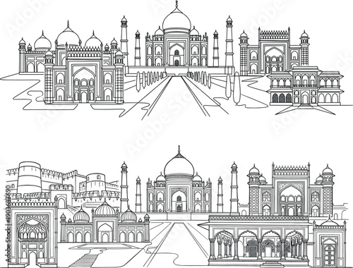 Detailed Taj Mahal architectural line art panorama featuring Mughal monuments palaces gates and gardens black outline vector illustration isolated white background design heritage