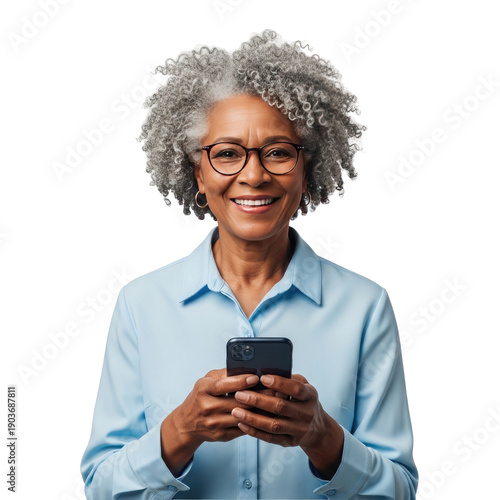 Wallpaper Mural Woman holding smartphone and smiling isolated on a transparent background Torontodigital.ca