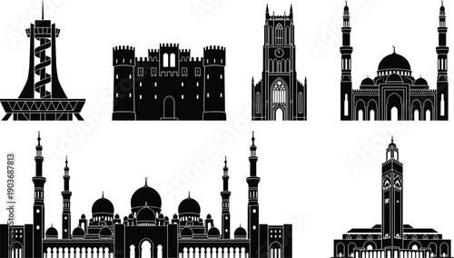Famous world landmarks and mosque silhouettes collection featuring castles cathedrals minarets and iconic towers black vector architecture icons isolated white background design set