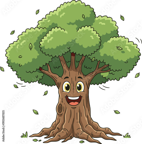 Cartoon tree, smiling tree, anthropomorphic tree, happy forest character, green leaves, nature illustration, kids art, playful tree, animated trunk, cheerful foliage