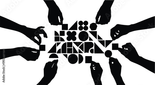 Collaborative Effort Multiple Hands Interacting to Assemble Intricate Geometric Shapes, Symbolizing Teamwork and Innovation