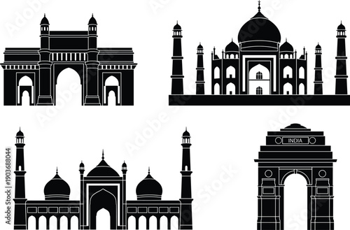 Indian monument silhouette set featuring Taj Mahal, India Gate and historic Islamic architecture landmarks, isolated on white background for travel, heritage and tourism design use