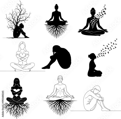 Spiritual Wellness and Mental Health Silhouette Vector Pack: Meditation, Self-Love, Grounding Roots, and Emotional Freedom through Continuous Line Art and Monochrome Designs.
