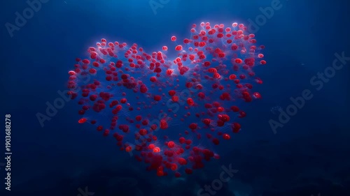 jellyfish swimming together in deep blue water to form a glowing heart shape