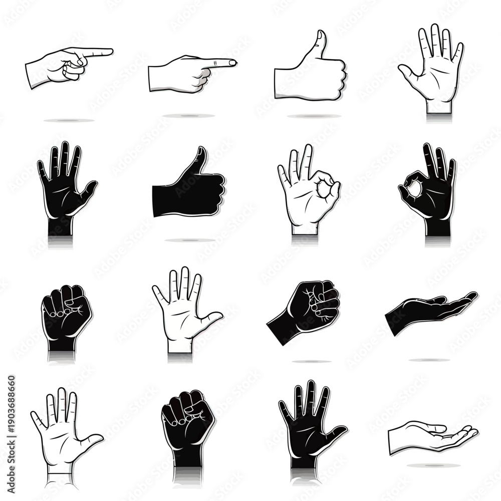 Fototapeta premium Set of diverse hand gestures icons, vector illustration, white and black